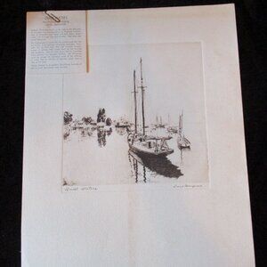 Vintage 1960’s Old Etching Lithograph “Quiet Waters” by Lionel Barrymore (actor)